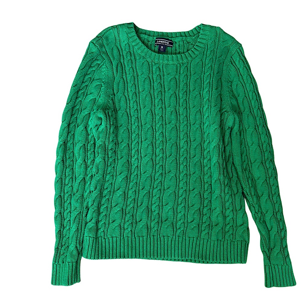 Land’s End Green Cable Knit Sweater. Size medium 10-12.